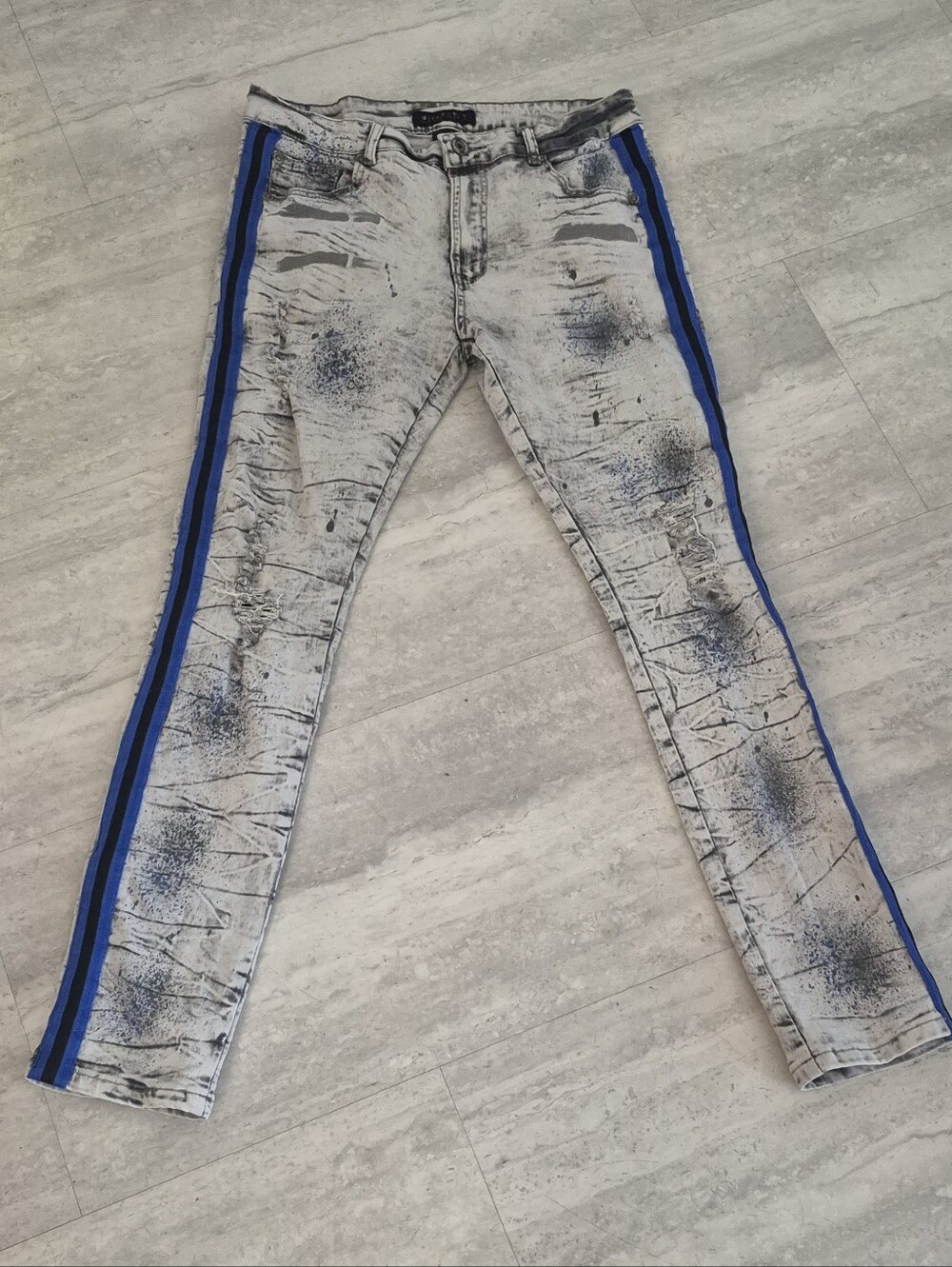 M Society Mens Jeans 34x32 Acid Wash Distressed Blue Black Side Stripe Stretch